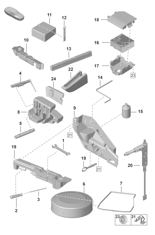 001-000 - Outil
cric
triangle presignalisation
trousse de premiers secours
jeu depannage avec compresseur
