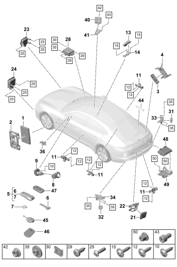 901-004 - Calculateurs
Partie avant
Partie arriere du vehicule
Contact-demarreur
Emetteur manuel
p. vehicules avec radiocomman-
de ouverture porte de garage
Unité de réception
Chauffage d'appoint
antenne
Calculateur pour
regulation des distances
pour vehicules avec
assistant de changem. de voie
spoiler