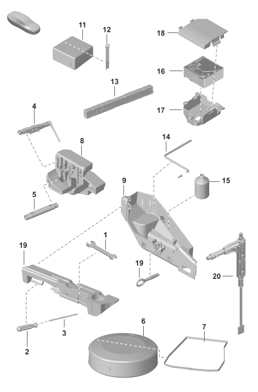 001-000 - Outil
cric
triangle presignalisation
trousse de premiers secours
jeu depannage avec compresseur