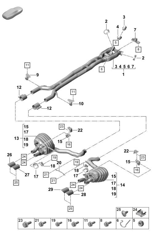 203-050 - systeme d'echappement
Version sport
Silencieux de detente
Silencieux de sortie
Sortie d'échappement